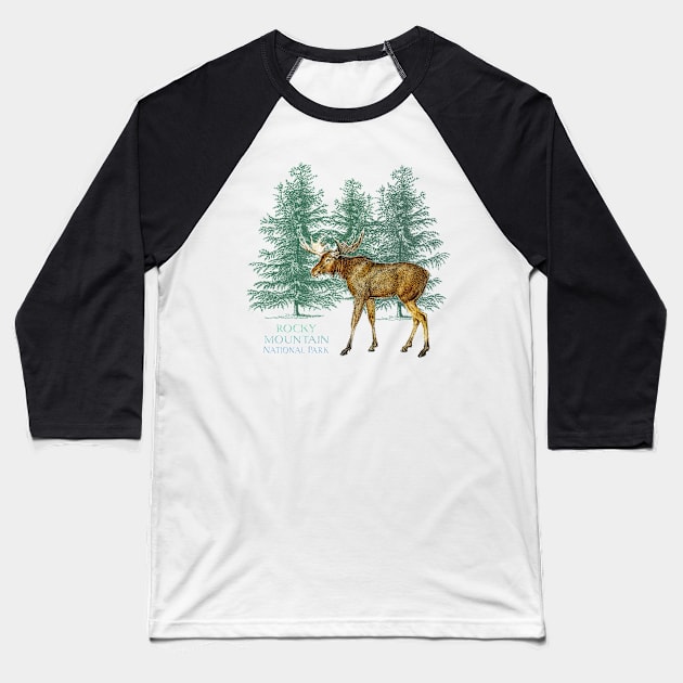 Rocky Mountain National Park Colorado Moose Trees Vintage-Look Baseball T-Shirt by Pine Hill Goods